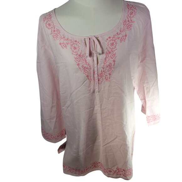 Bass Pink Lightweight Floral Embroidered Bead Cotton 3/4 Sleeve Tunic Size L - Picture 1 of 10